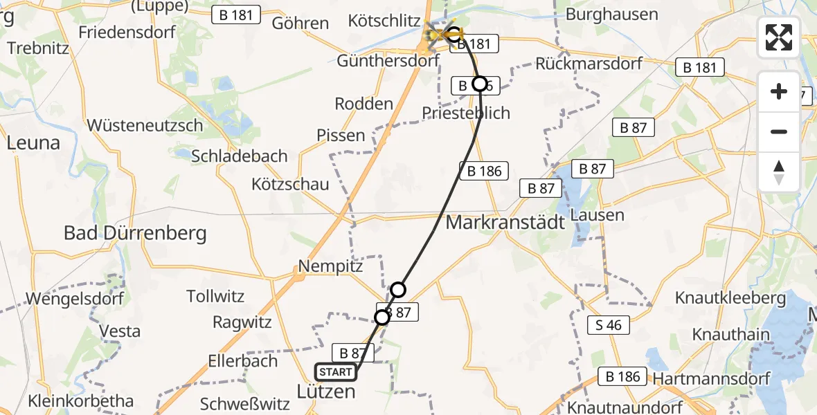 Flugroute Rettungshubschrauber Lützen - ADAC Air Rescue Station Leipzig/Schkeuditz-Dölzig Hubschrauberlandeplatz (Christoph 61), 12 Juni 2026, 13:28