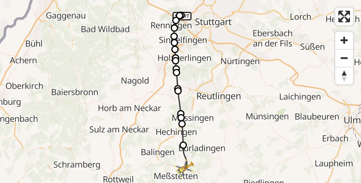 Flugroute Rettungshubschrauber Leonberg Hospital - Albstadt, 12 Juni 2026, 13:30