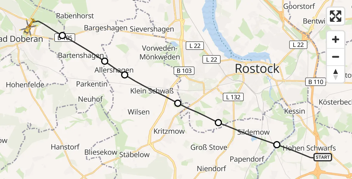 Flugroute Ambulanzhubschrauber Dummerstorf - Bad Doberan, 12 Juni 2026, 13:33