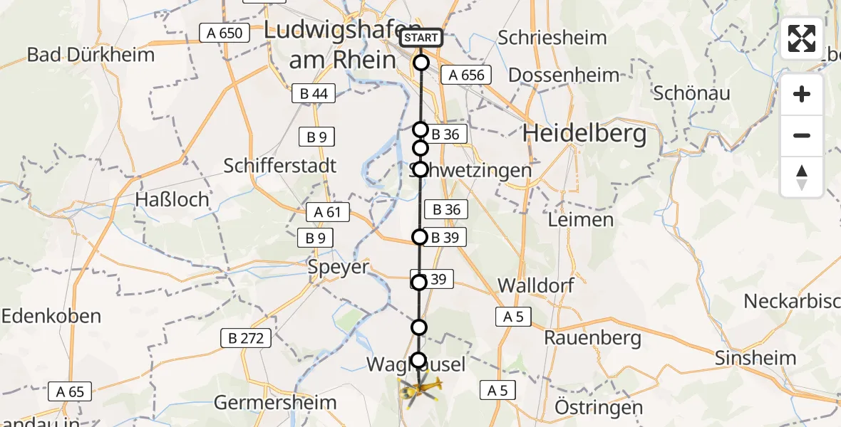 Flugroute Rettungshubschrauber Mannheim-City Flughafen - Waghäusel, 12 Juni 2026, 13:33