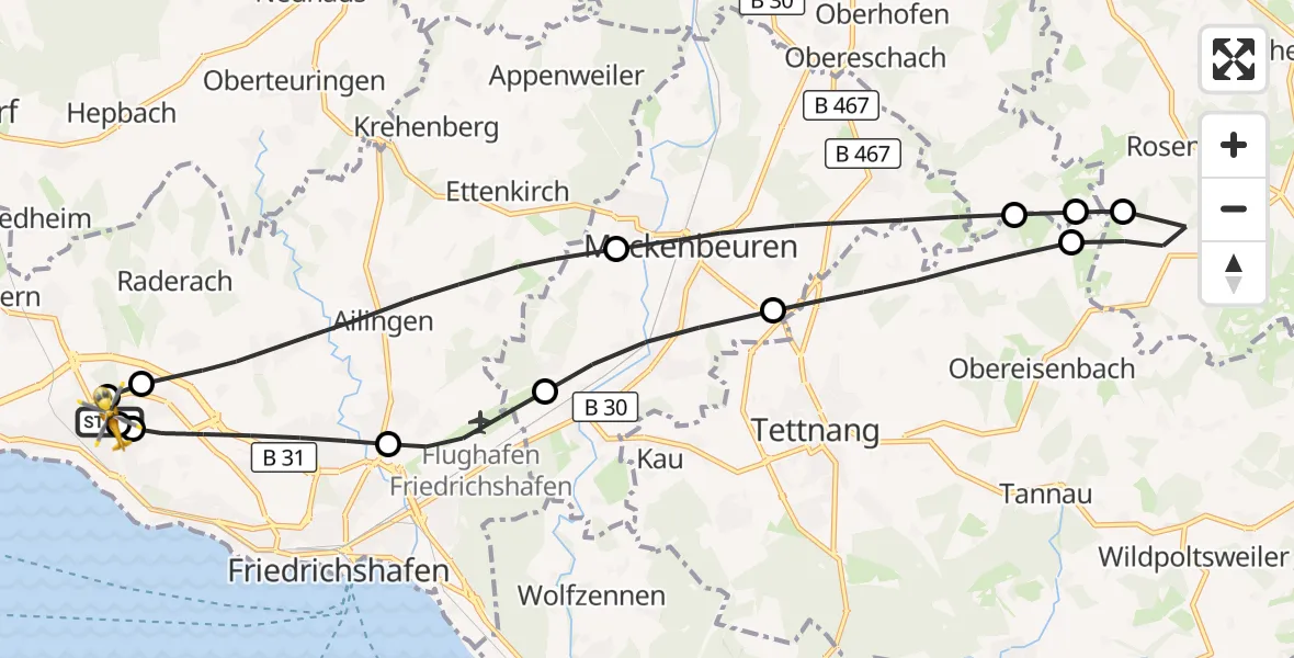 Flugroute Rettungshubschrauber Friedrichshafen Hospital - Friedrichshafen Hospital, 12 Juni 2026, 13:41