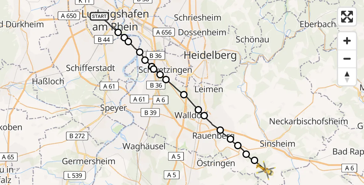 Flugroute Rettungshubschrauber Ludwigshafen am Rhein - Sinsheim, 12 Juni 2026, 13:42