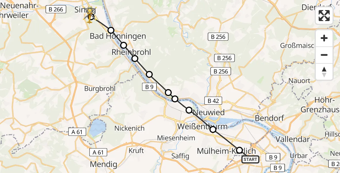 Flugroute Rettungshubschrauber Koblenz - Sinzig, 12 Juni 2026, 13:44