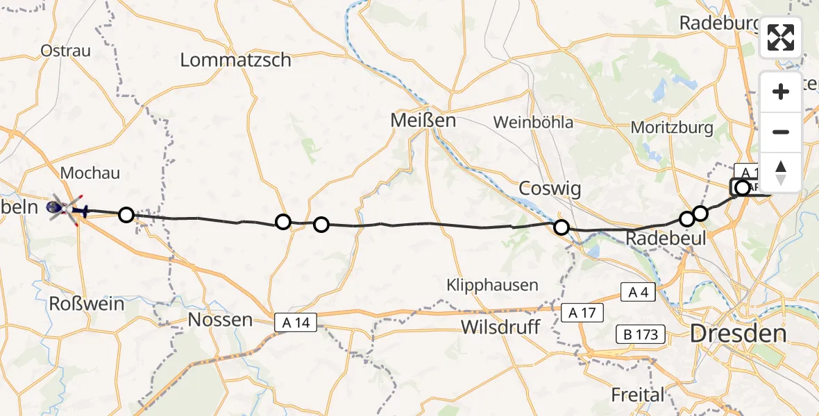Flugroute Polizeihubschrauber Dresden Flughafen - Döbeln, 12 Juni 2026, 13:44