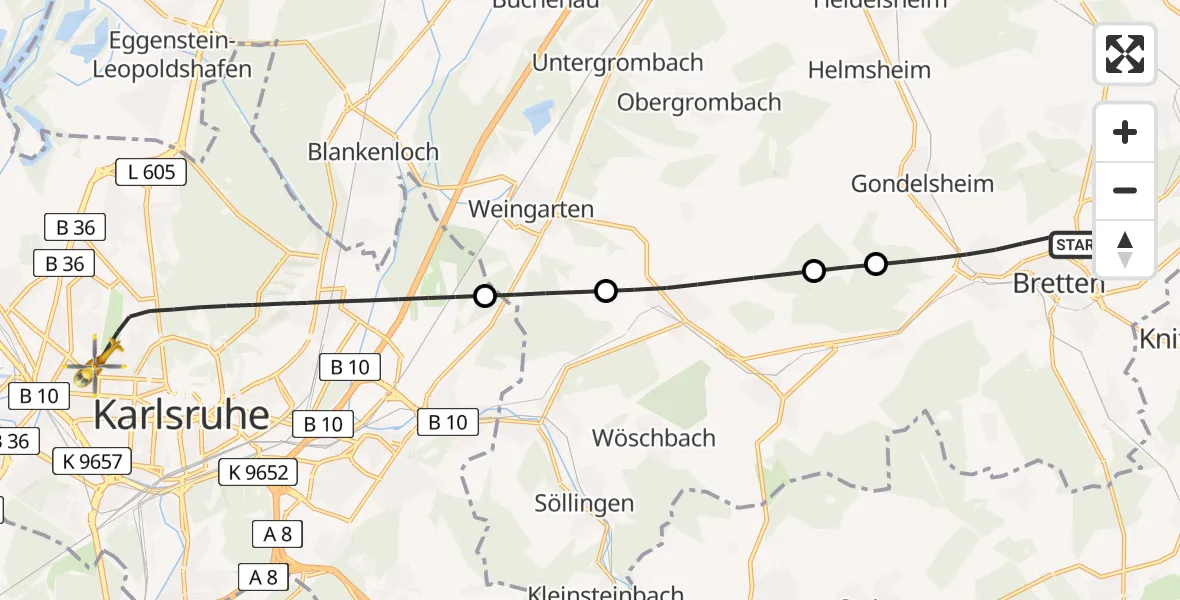 Flugroute Ambulanzhubschrauber Bretten - Karlsruhe, 12 Juni 2026, 13:53