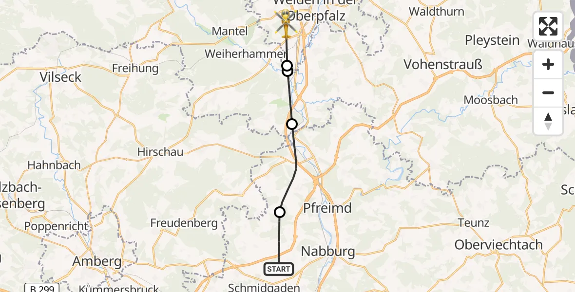 Flugroute Rettungshubschrauber Nabburg - Weiden i.d.OPf., 12 Juni 2026, 13:53