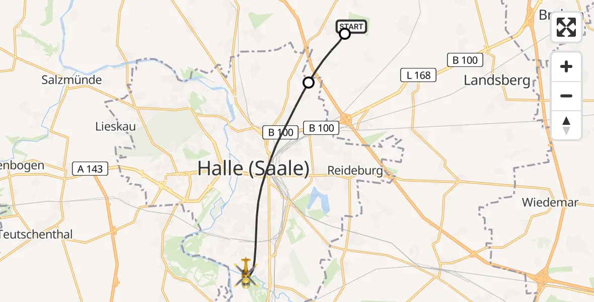 Flugroute Rettungshubschrauber Halle-Oppin Flugplatz - Halle (Saale), 12 Juni 2026, 13:54