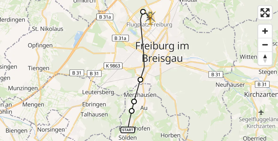 Flugroute Rettungshubschrauber Wittnau - Freiburg im Breisgau Flugplatz, 12 Juni 2026, 13:58