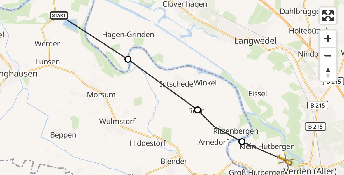 Flugroute Rettungshubschrauber Thedinghausen - Verden (Aller), 12 Juni 2026, 13:58