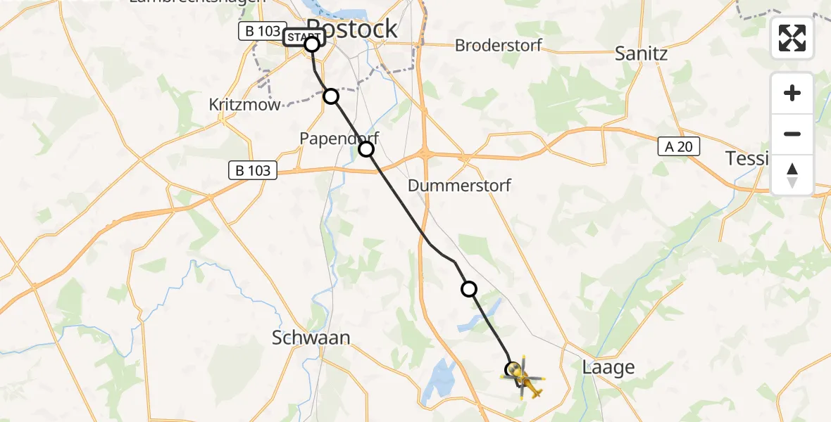 Flugroute Rettungshubschrauber Rostock University Hubschrauberlandeplatz - Flughafen Rostock-Laage, 12 Juni 2026, 14:04