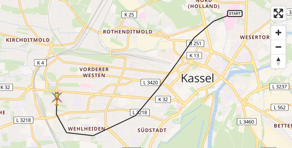 Flugroute Rettungshubschrauber Kassel - Kassel, 12 Juni 2026, 14:10