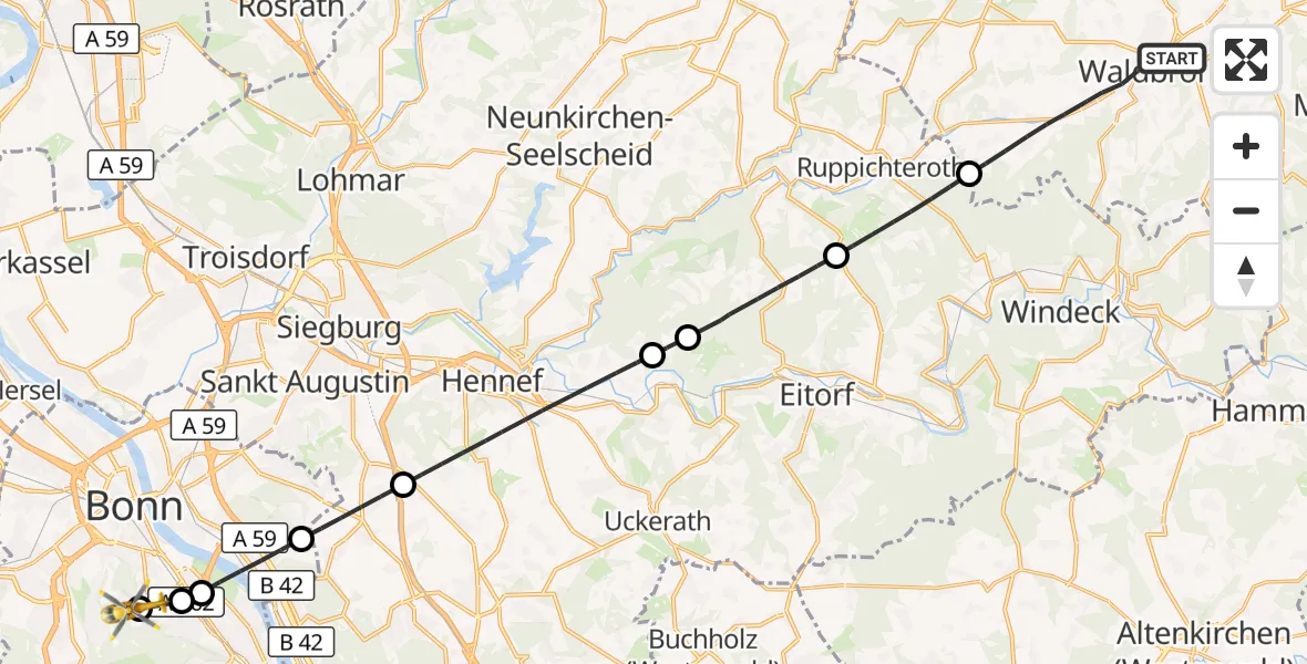 Flugroute Rettungshubschrauber Waldbröl - Bonn University Hospital, 12 Juni 2026, 14:11