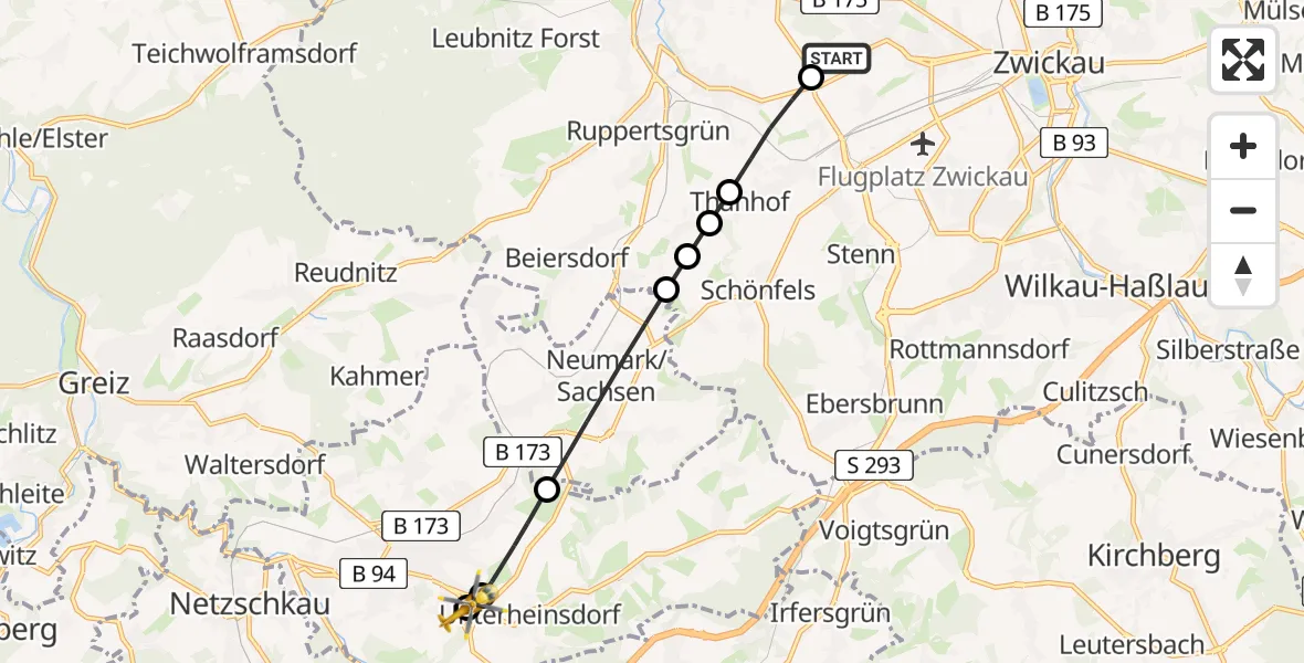 Flugroute Rettungshubschrauber ADAC Air Rescue Station Zwickau Hubschrauberlandeplatz - Reichenbach im Vogtland, 12 Juni 2026, 14:14