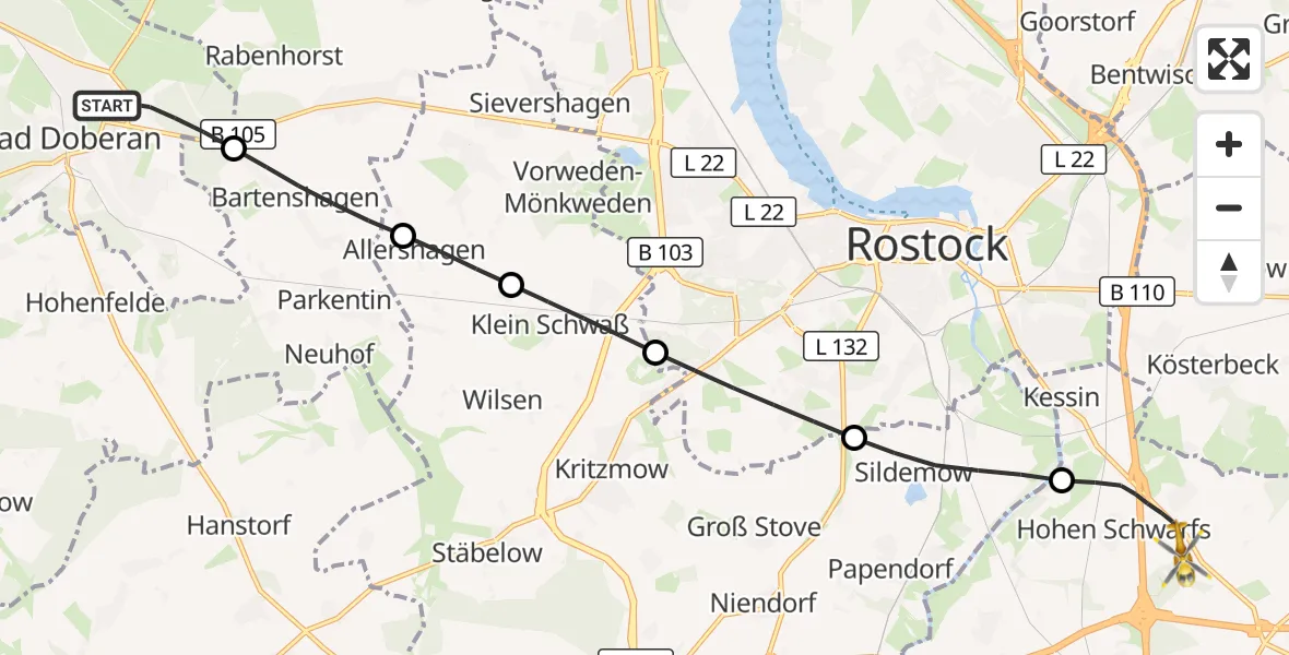 Flugroute Ambulanzhubschrauber Bad Doberan - Dummerstorf, 12 Juni 2026, 14:14