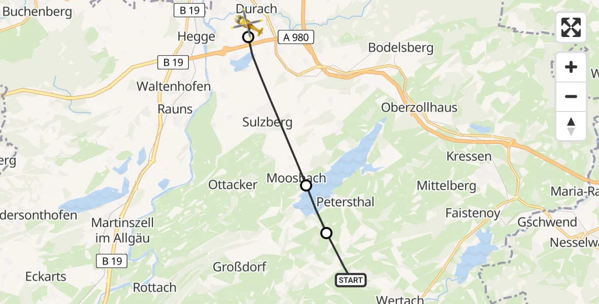 Flugroute Rettungshubschrauber Wertach - Kempten-Durach Flugplatz, 12 Juni 2026, 14:17