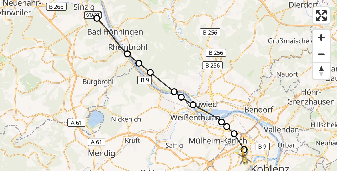 Flugroute Rettungshubschrauber Sinzig - Koblenz, 12 Juni 2026, 14:24