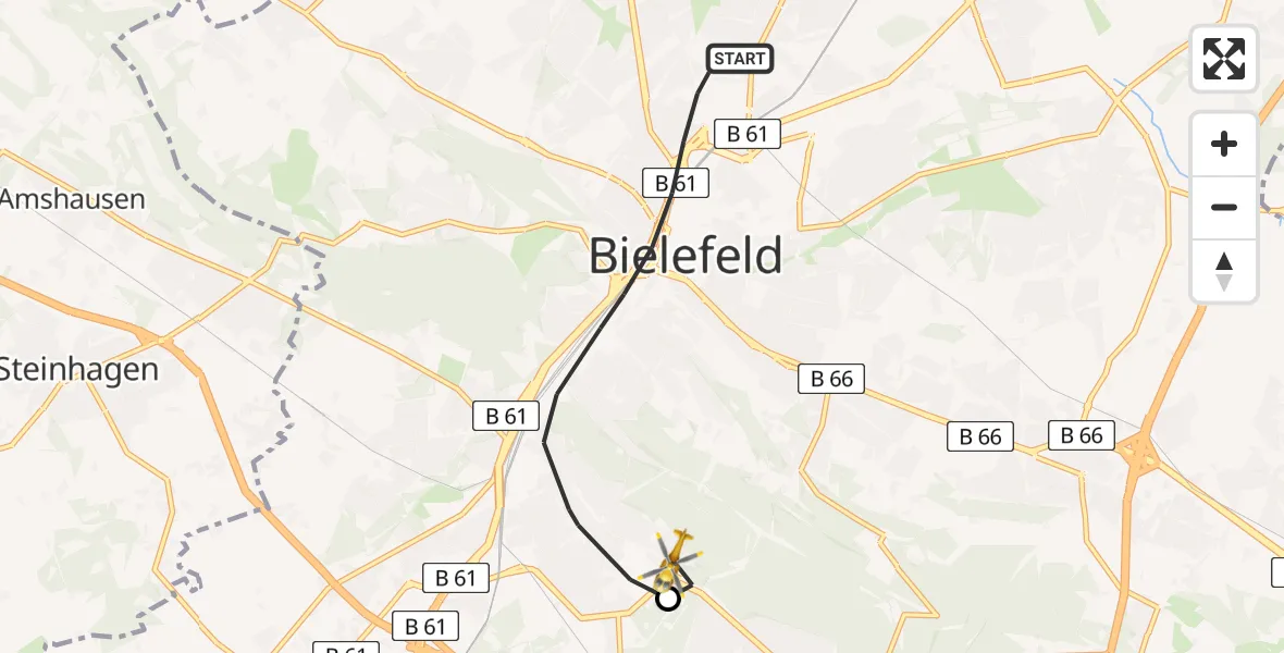 Flugroute Rettungshubschrauber Bielefeld - Luftrettungszentrum Bielefeld, 12 Juni 2026, 14:25