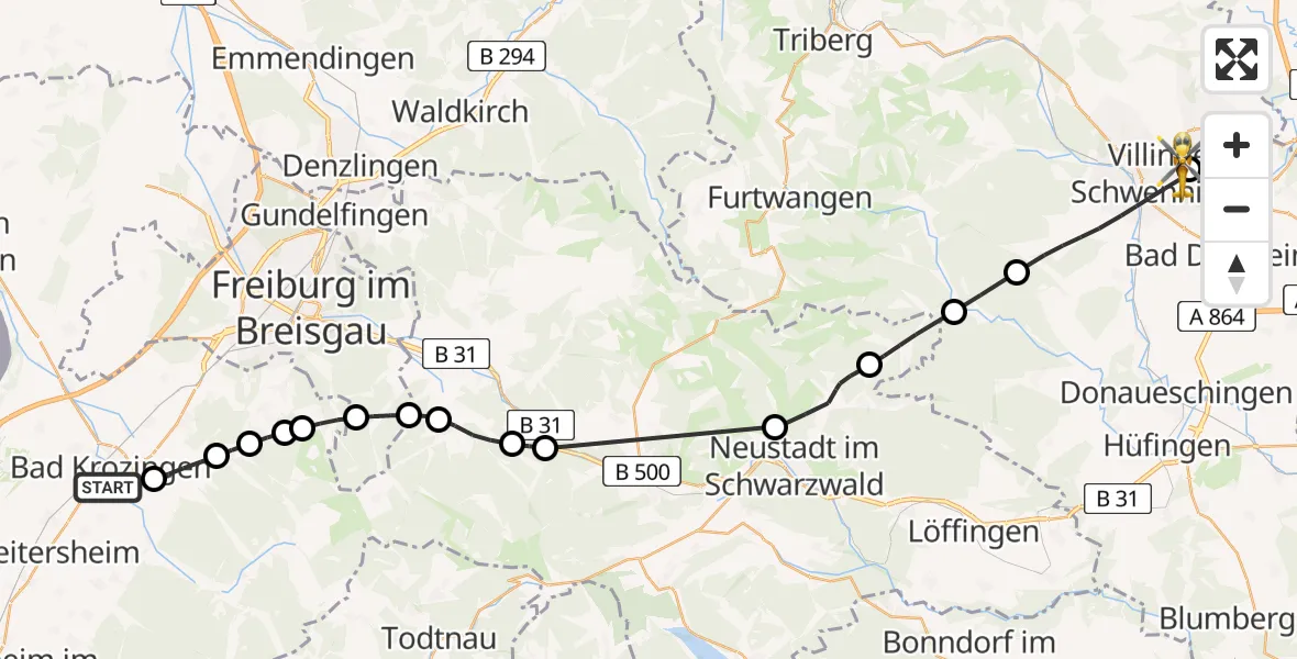 Flugroute Ambulanzhubschrauber Bad Krozingen - DRF Air Rescue Station Villingen-Schwenningen Hubschrauberlandeplatz (Christoph 11), 12 Juni 2026, 14:29