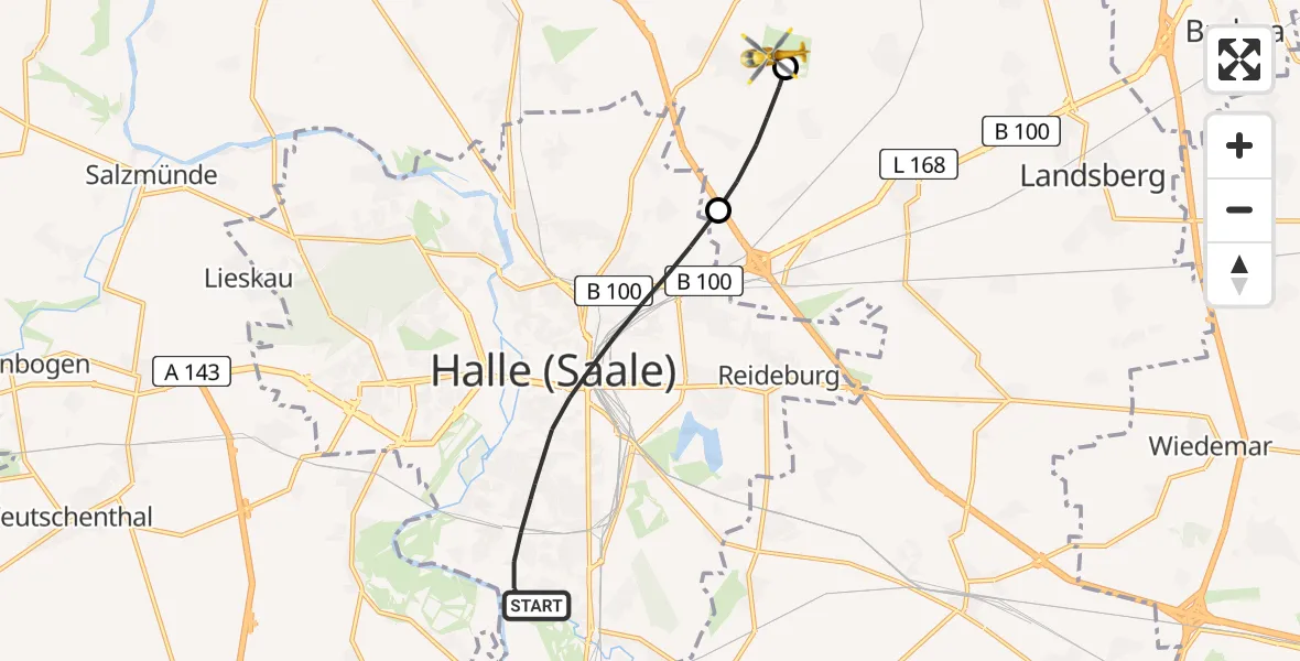Flugroute Rettungshubschrauber Halle (Saale) - Halle-Oppin Flugplatz, 12 Juni 2026, 14:32
