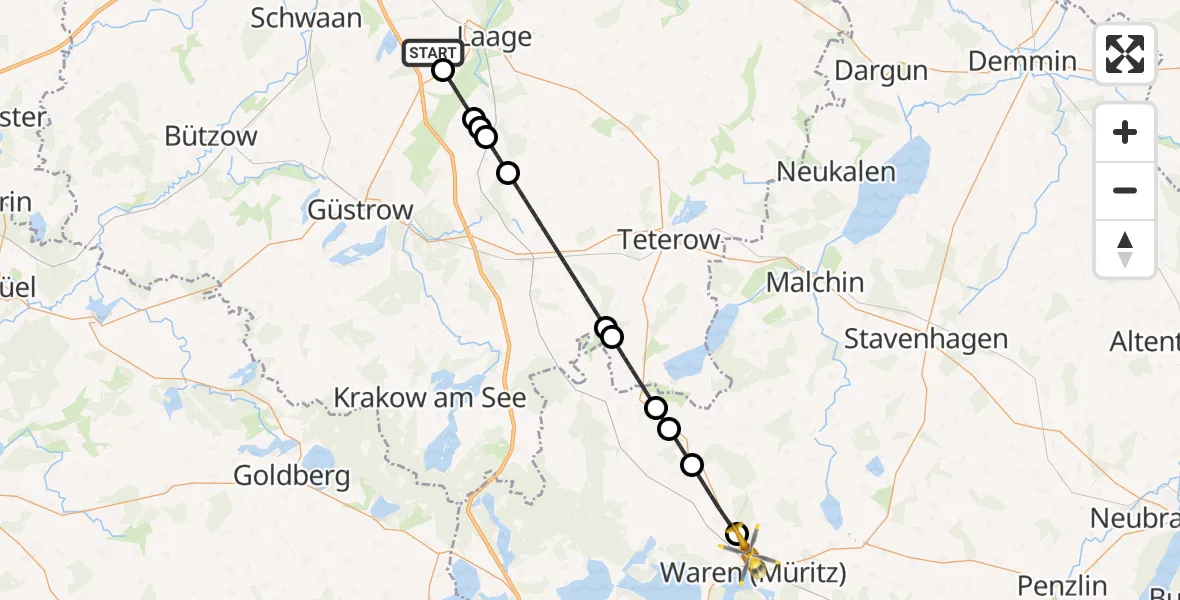 Flugroute Rettungshubschrauber Flughafen Rostock-Laage - Waren (Müritz), 12 Juni 2026, 14:33