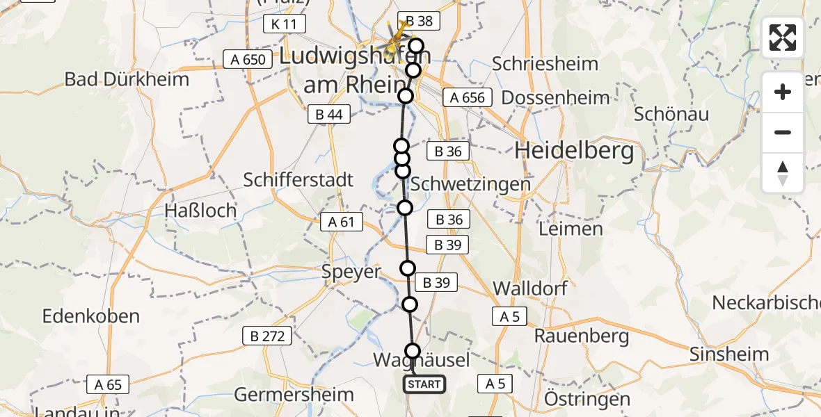 Flugroute Rettungshubschrauber Waghäusel - Mannheim, 12 Juni 2026, 14:34