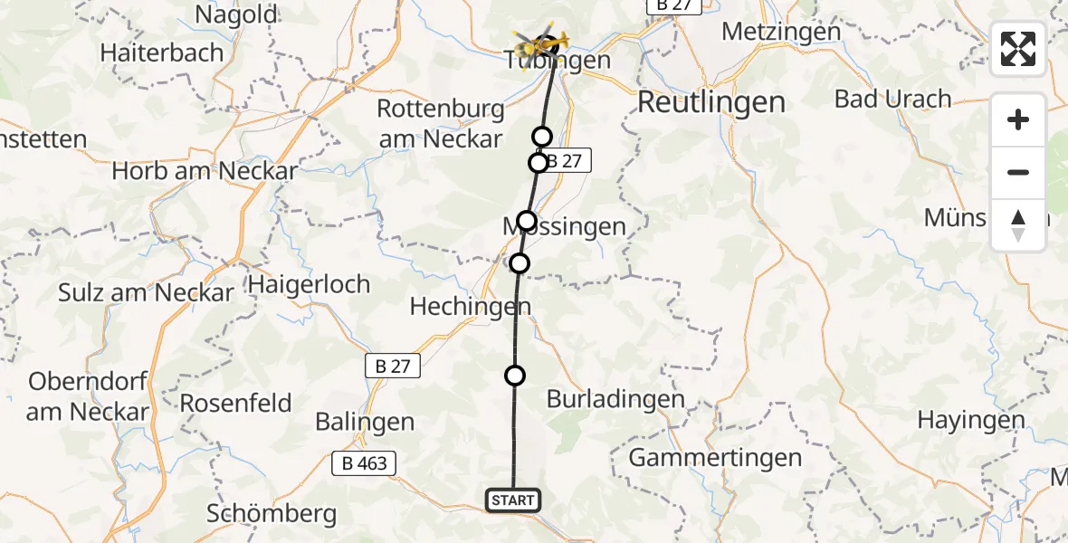 Flugroute Rettungshubschrauber Albstadt - Tübingen University Hospital, 12 Juni 2026, 14:36