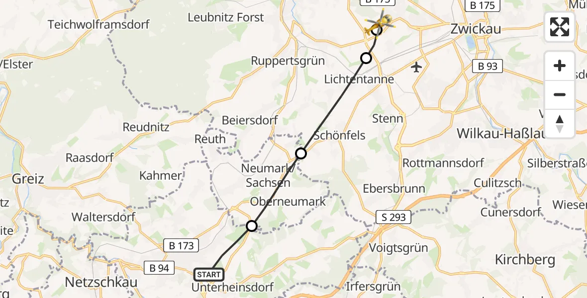 Flugroute Rettungshubschrauber Reichenbach im Vogtland - ADAC Air Rescue Station Zwickau Hubschrauberlandeplatz, 12 Juni 2026, 14:37