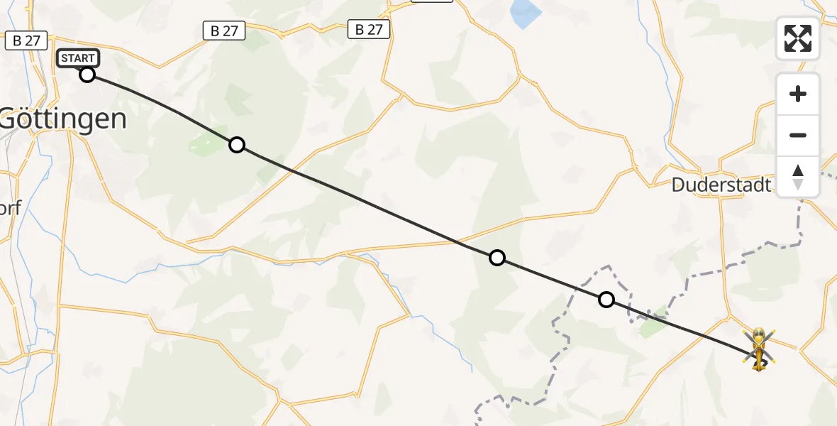 Flugroute Rettungshubschrauber Göttingen University Clinic Hubschrauberlandeplatz - Teistungen, 12 Juni 2026, 14:46