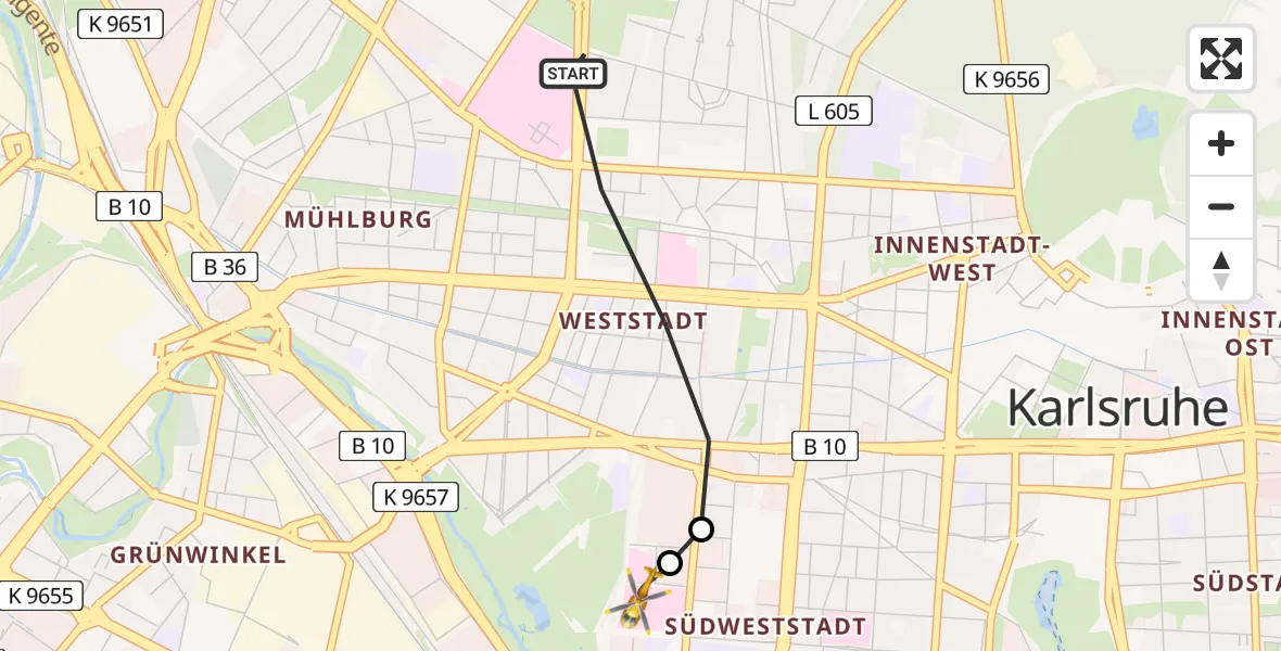 Flugroute Ambulanzhubschrauber Karlsruhe - Sankt Vincentius Hospital, 12 Juni 2026, 14:47