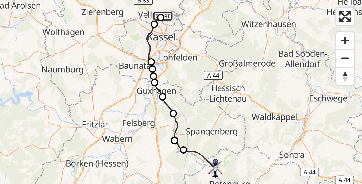 Flugroute Polizeihubschrauber Fuldatal Bundespolizei Hubschrauberlandeplatz - Alheim, 12 Juni 2026, 14:48