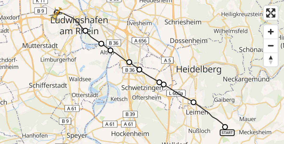 Flugroute Rettungshubschrauber Wiesloch - Ludwigshafen Accident Hospital, 12 Juni 2026, 14:48