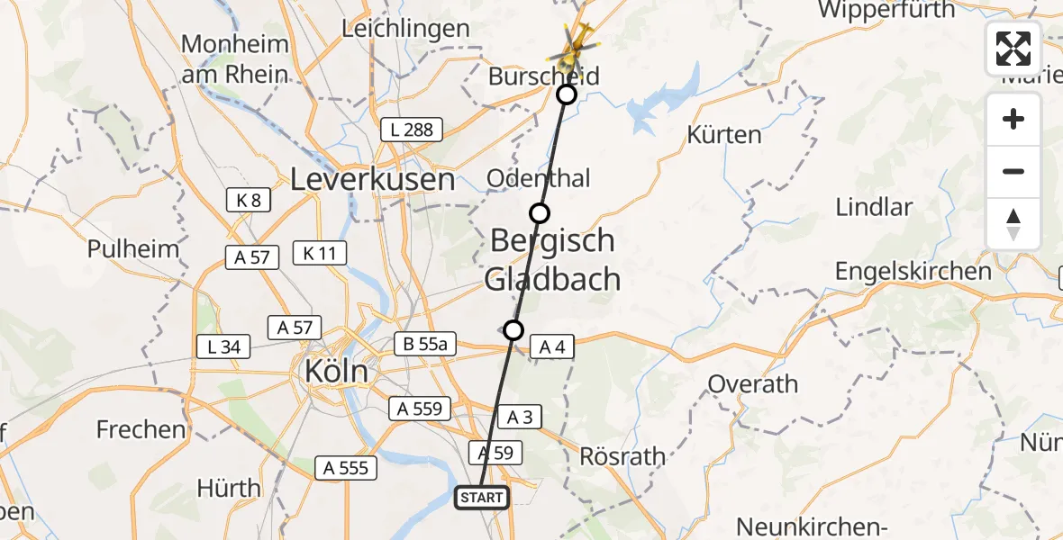 Flugroute Rettungshubschrauber Köln - Burscheid, 12 Juni 2026, 14:58