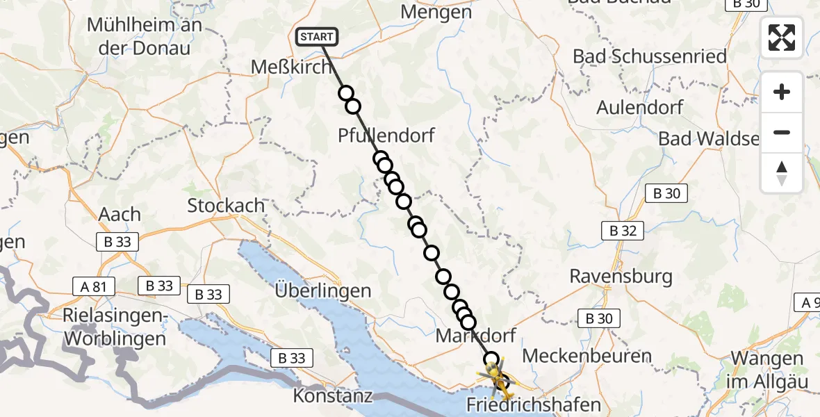 Flugroute Rettungshubschrauber Meßkirch - Friedrichshafen Hospital, 12 Juni 2026, 15:02
