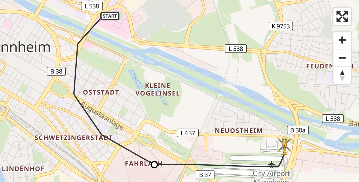 Flugroute Rettungshubschrauber Mannheim - Mannheim-City Flughafen, 12 Juni 2026, 15:13