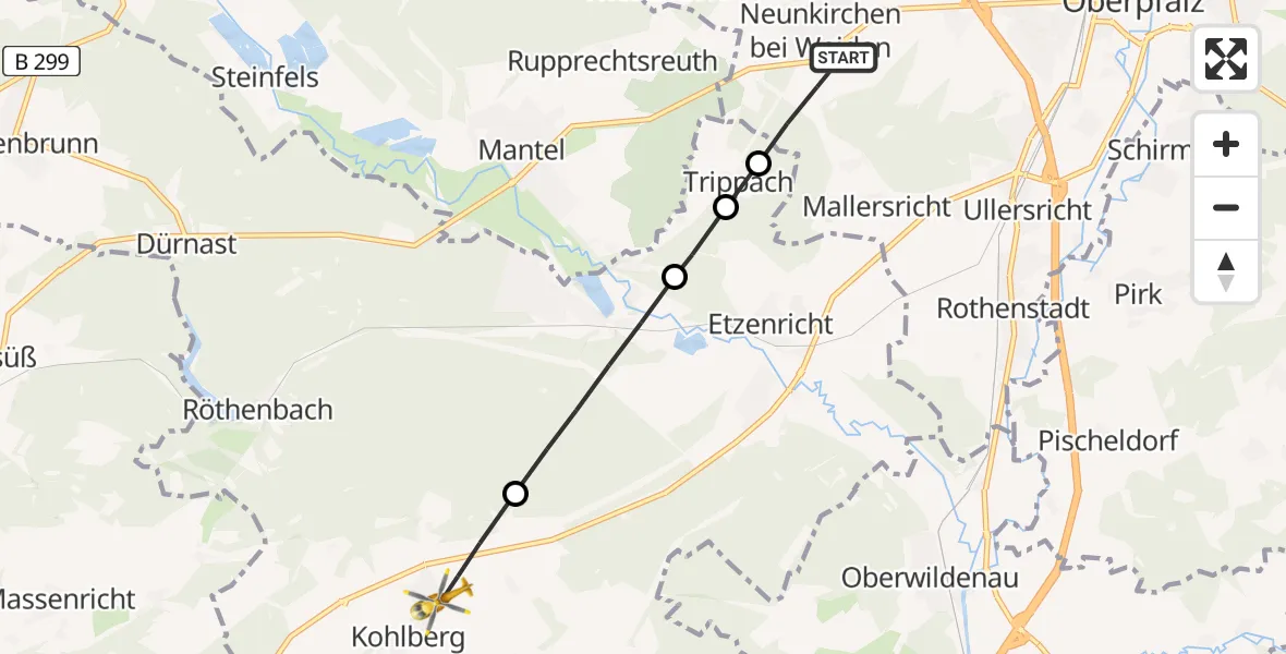 Flugroute Rettungshubschrauber Weiden i.d.OPf. - Kohlberg, 12 Juni 2026, 15:14