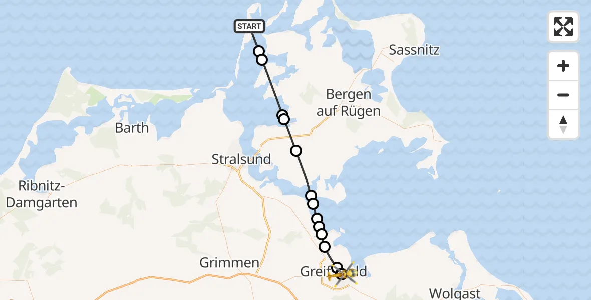 Flugroute Rettungshubschrauber Insel Hiddensee - Greifswald Hospital, 12 Juni 2026, 15:22