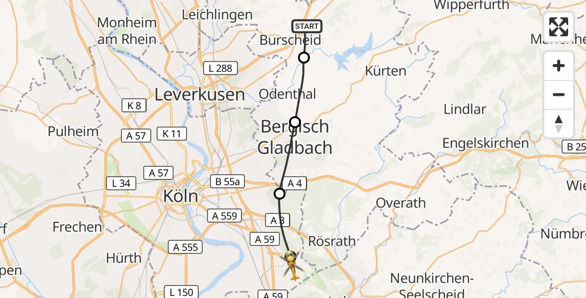 Flugroute Rettungshubschrauber Burscheid - Köln Bonn Flughafen, 12 Juni 2026, 15:31