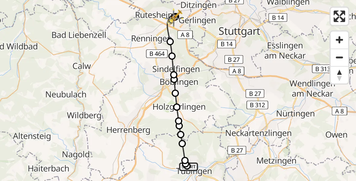 Flugroute Rettungshubschrauber Tübingen University Hospital - Leonberg Hospital, 12 Juni 2026, 15:32