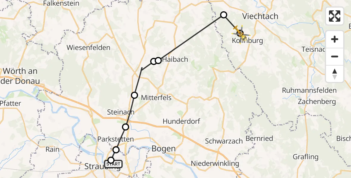 Flugroute Rettungshubschrauber Sankt Elisabeth Hospital Straubing - Kollnburg, 12 Juni 2026, 15:33