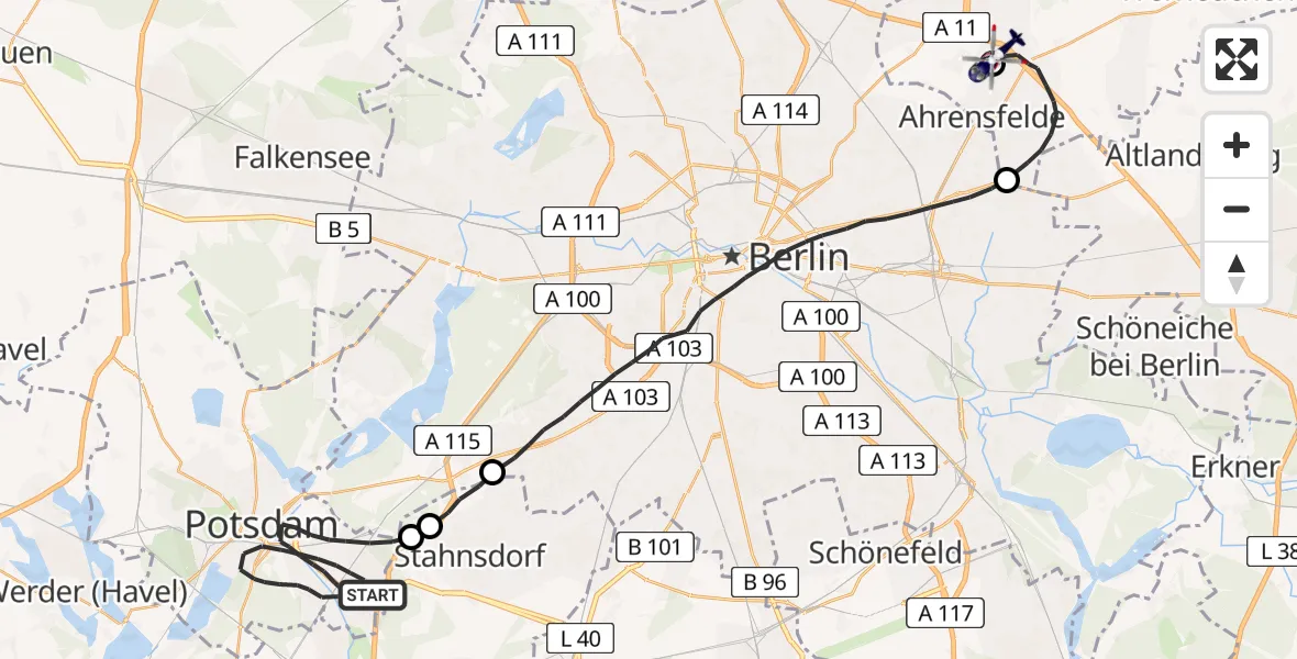 Flugroute Polizeihubschrauber Potsdam - Ahrensfelde, 12 Juni 2026, 15:45