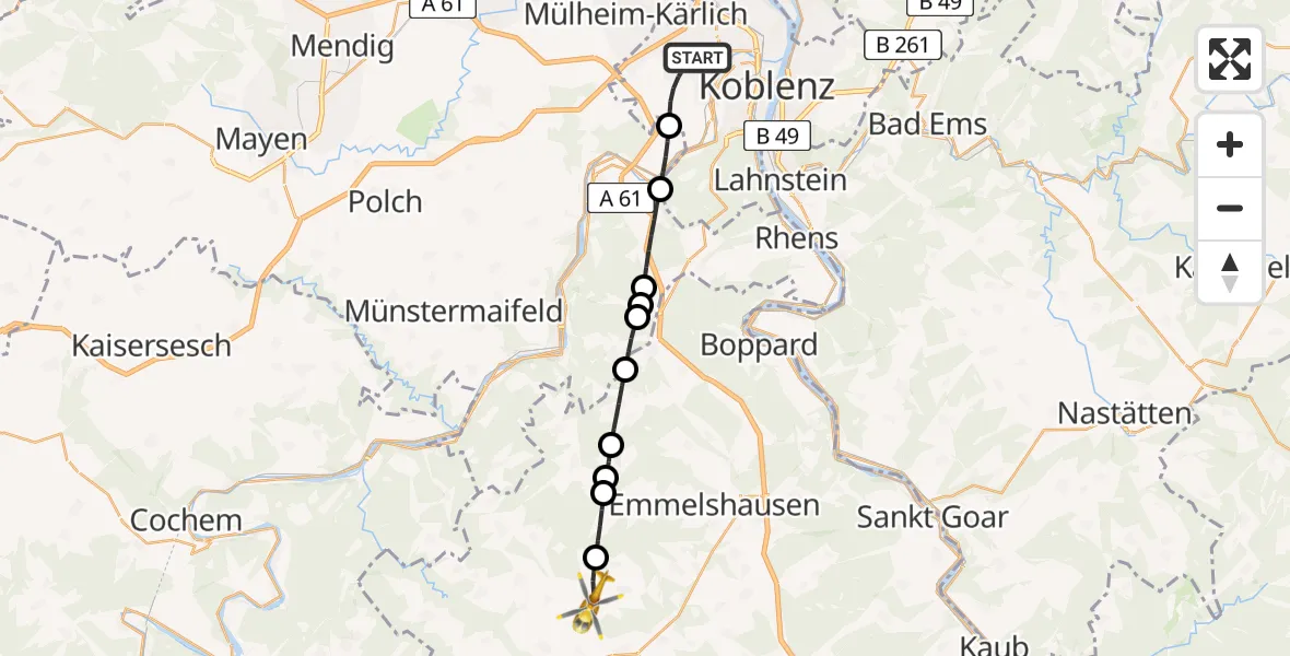 Flugroute Rettungshubschrauber Koblenz - Beltheim, 12 Juni 2026, 15:47