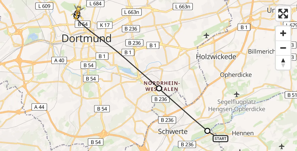 Flugroute Rettungshubschrauber Iserlohn - Dortmund Hospital North, 12 Juni 2026, 15:53
