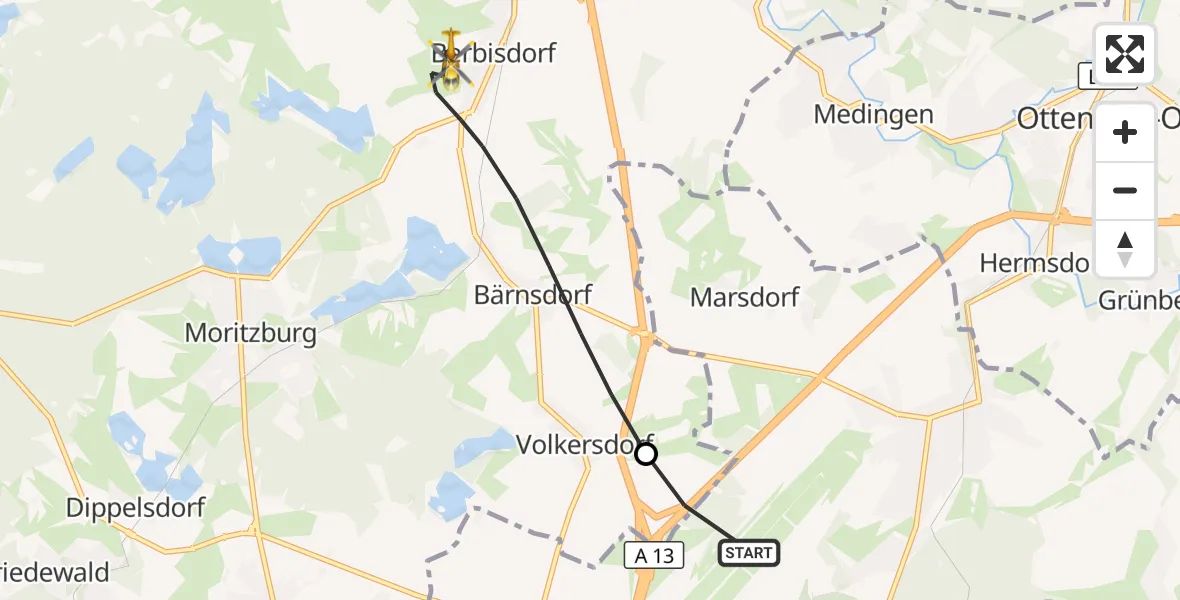 Flugroute Rettungshubschrauber Dresden Flughafen - Radeburg, 12 Juni 2026, 15:55