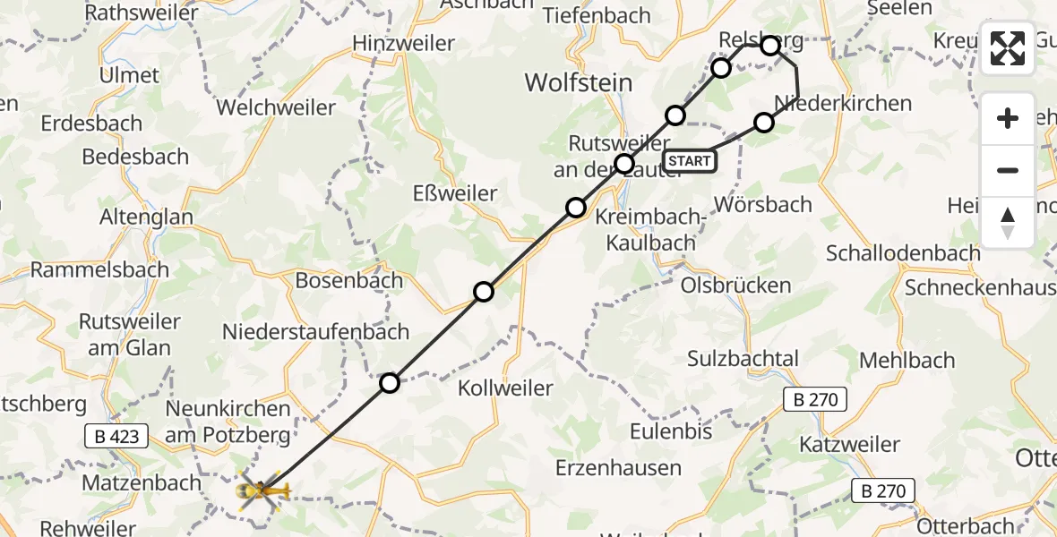 Flugroute Rettungshubschrauber Kreimbach-Kaulbach - Reichenbach-Steegen, 12 Juni 2026, 16:03