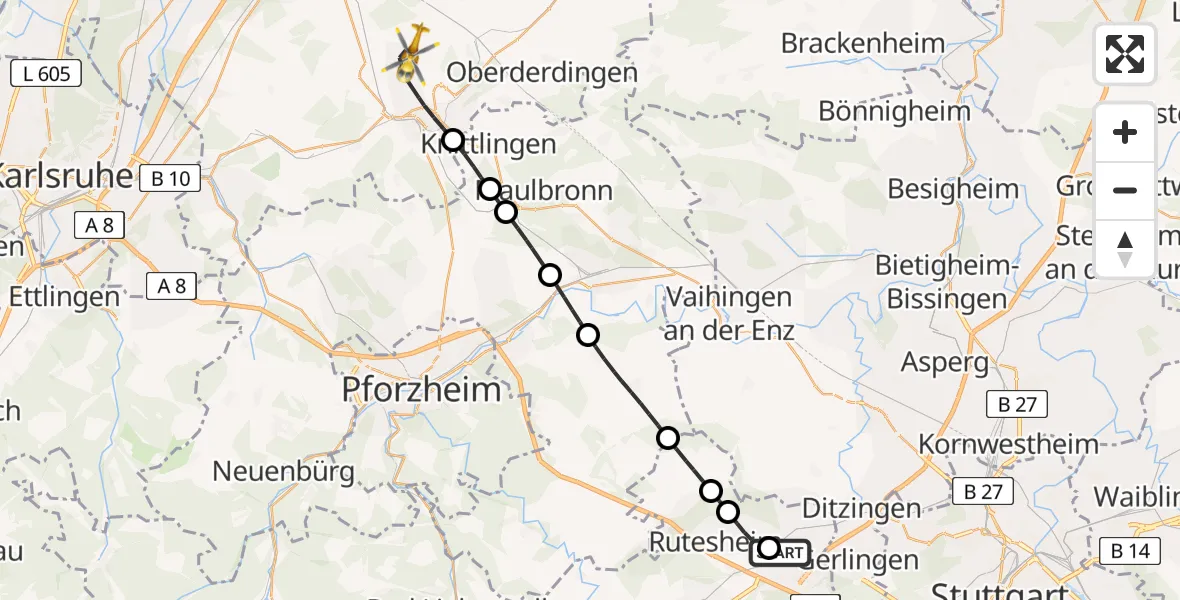 Flugroute Rettungshubschrauber Leonberg Hospital - Bretten, 12 Juni 2026, 16:08