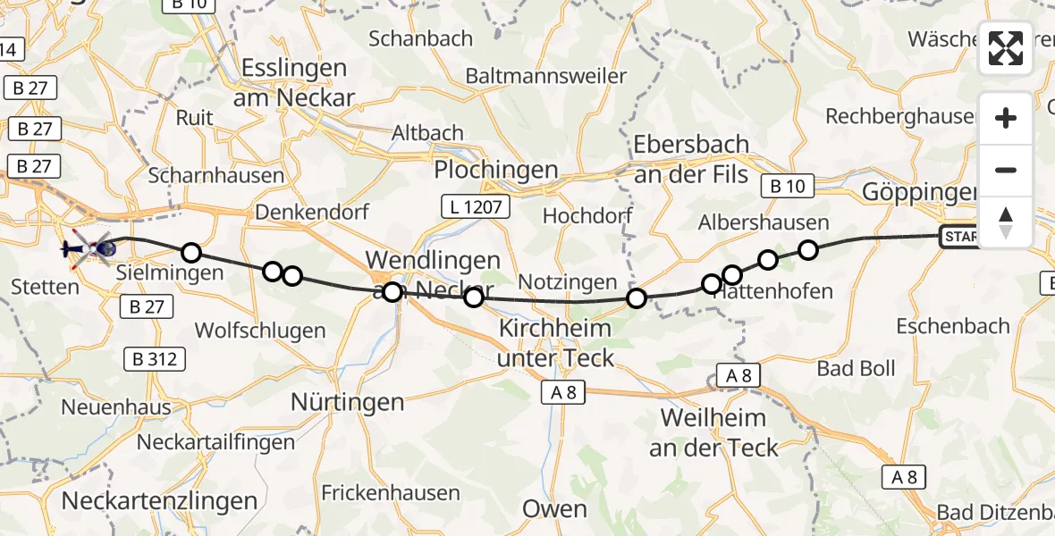 Flugroute Polizeihubschrauber Göppingen - Flughafen Stuttgart, 12 Juni 2026, 16:11