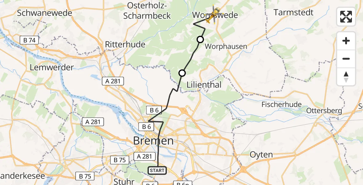 Flugroute Rettungshubschrauber Bremen - Worpswede, 12 Juni 2026, 16:13