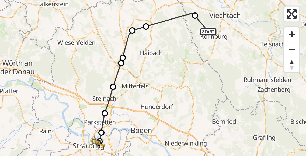 Flugroute Rettungshubschrauber Kollnburg - Sankt Elisabeth Hospital Straubing, 12 Juni 2026, 16:23