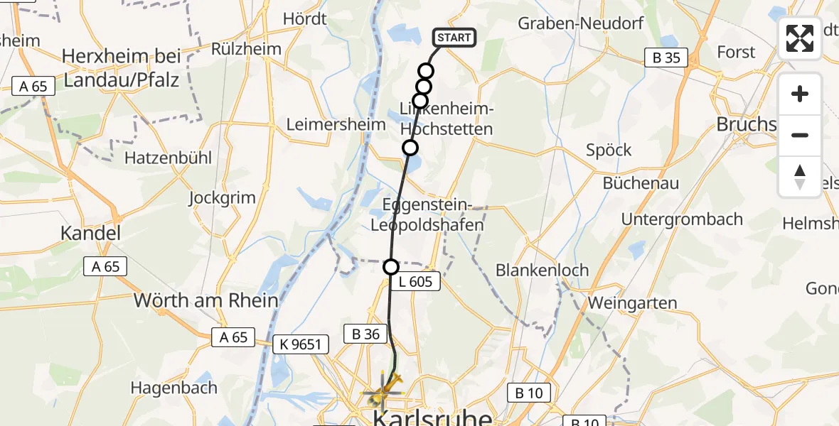 Flugroute Ambulanzhubschrauber Dettenheim - Karlsruhe, 12 Juni 2026, 16:26