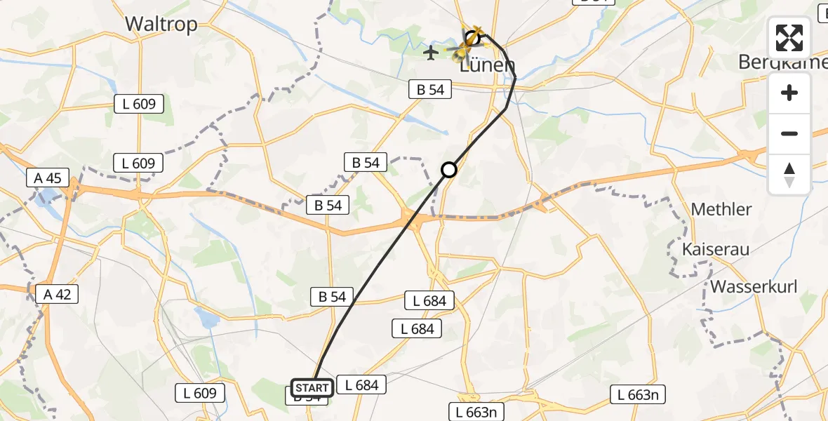 Flugroute Rettungshubschrauber Dortmund - Sankt Marien Hospital, 12 Juni 2026, 16:27